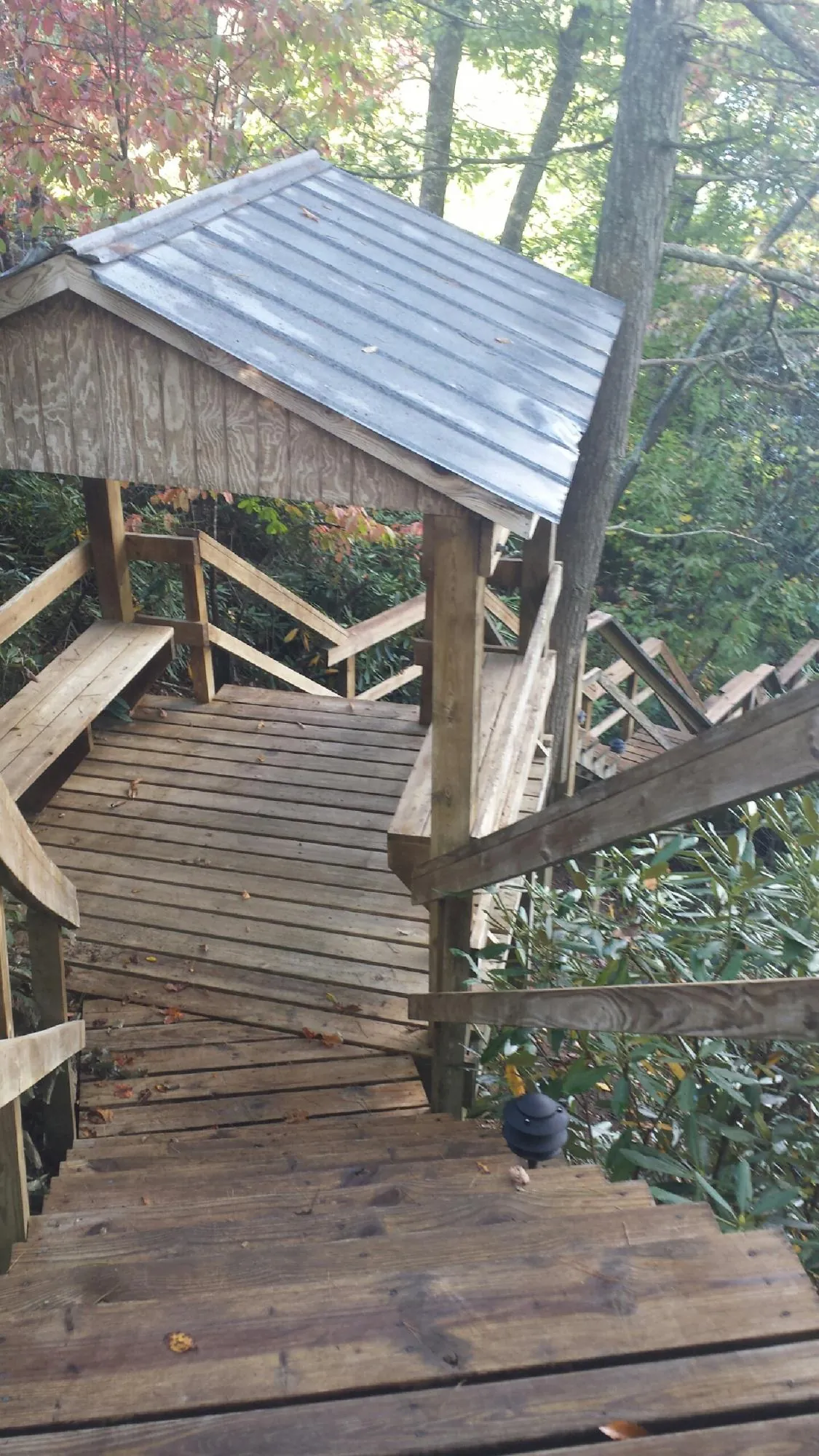 Metal roofed shelter over wooden steps on a wooded walkway — Skylight Repair & Installation work by our crew in Cookstown